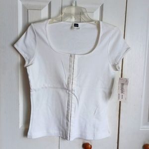 Woman white tee with hook and eye closure...L
